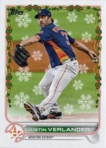 HW43 Justin Verlander in navy delivering pitch on 2022 Topps Holiday baseball card