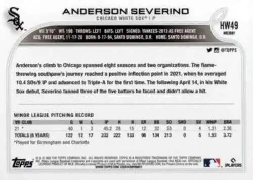 Baseball card back of 2022 Topps Holiday HW49 Anderson Severino NM-MT RC White Sox