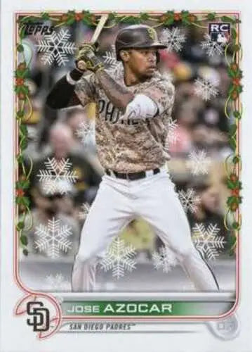 Baseball card featuring HW62 Jose Azocar in batting stance with holiday-themed border