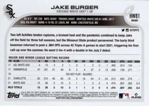 HW81 Jake Burger Topps Holiday Rookie Card with original gloss from the White Sox