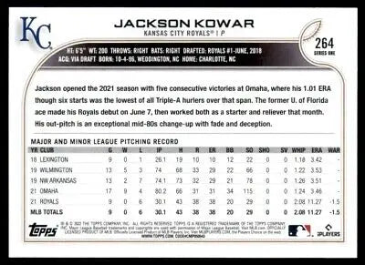 Jackson Kowar baseball card from 2022 Topps, Kansas City Royals #264, text-align center