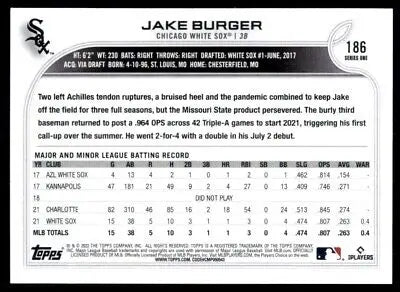 Baseball card back of 2022 Topps Jake Burger Rookie Chicago White Sox #186, text-align center