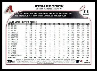 Back of 2022 Topps Josh Reddick Arizona Diamondbacks #318 baseball card showcasing stats