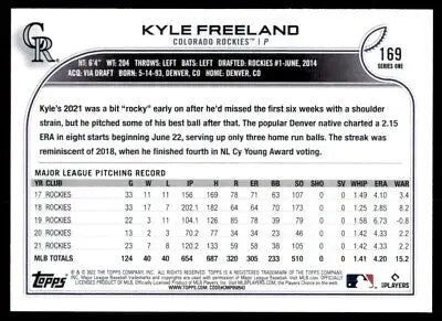 Baseball card back of 2022 Topps Kyle Freeland Colorado Rockies #169 text-align center