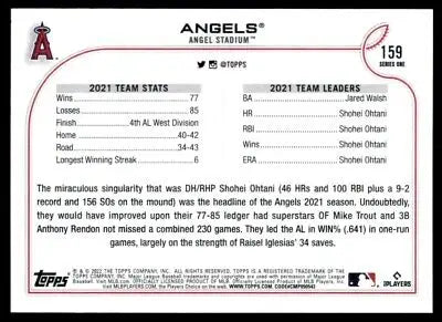 2022 Topps Los Angeles Angels #159 baseball card featuring the Angeles Angels team