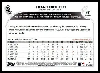 Baseball card back of 2022 Topps Lucas Giolito Chicago White Sox #291