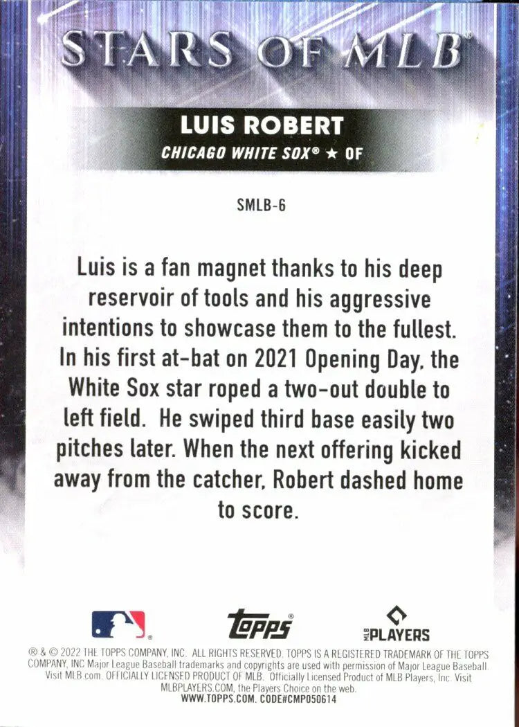 2022 Topps Luis Robert Baseball Stars of MLB Insert Chicago White Sox card image