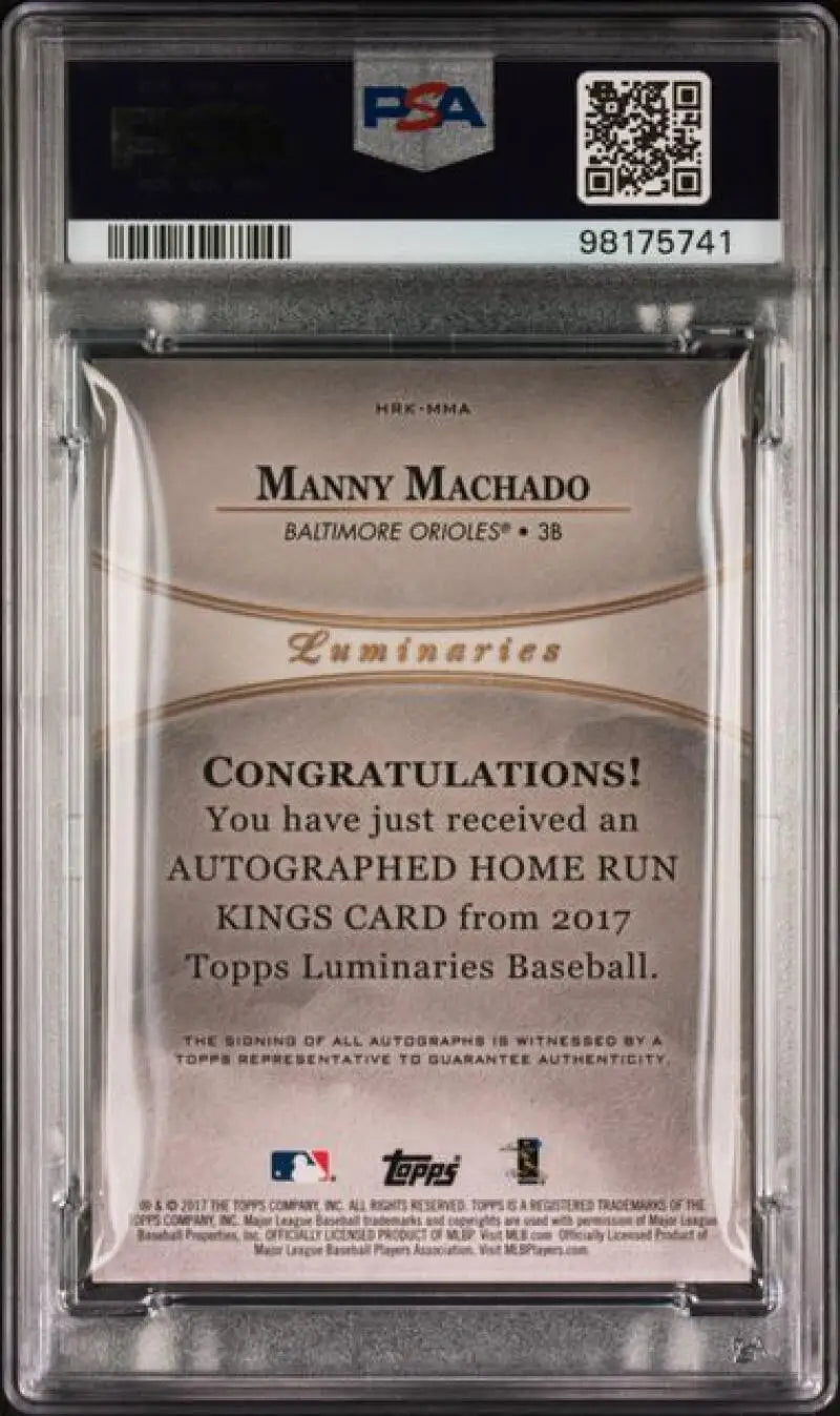 Back of 2022 Topps Luminaries Manny Machado Baseball Card showing PSA authentication and barcode