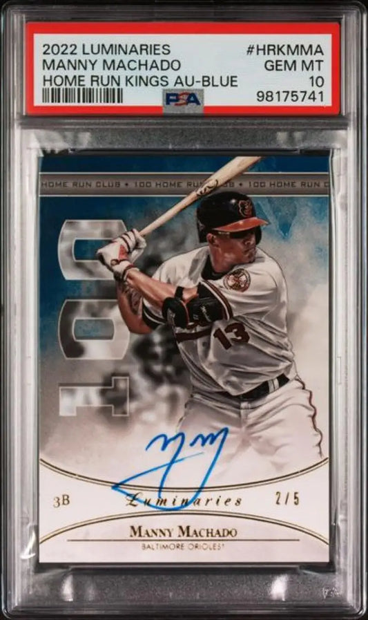 PSA-graded 2022 Topps Luminaries Manny Machado baseball card 1/5 blue ink autograph