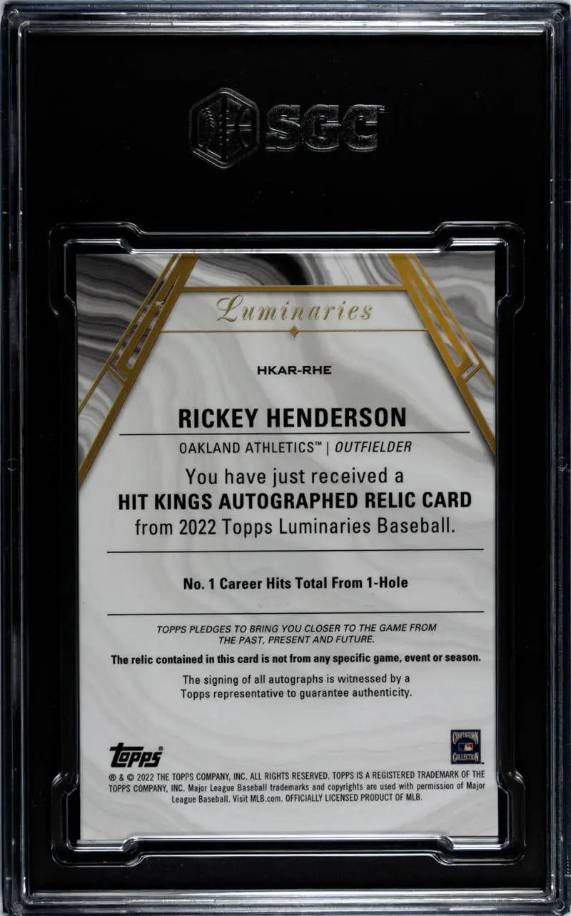 Baseball card featuring Rickey Henderson autographed relic from Topps Luminaries