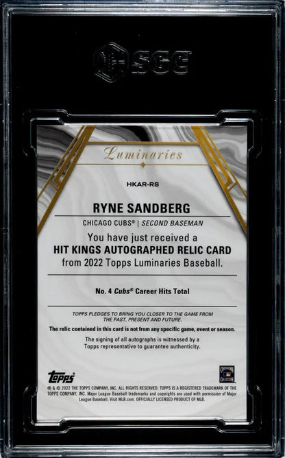 Back of Topps Luminaries Ryne Sandberg autographed relic card for Chicago Cubs