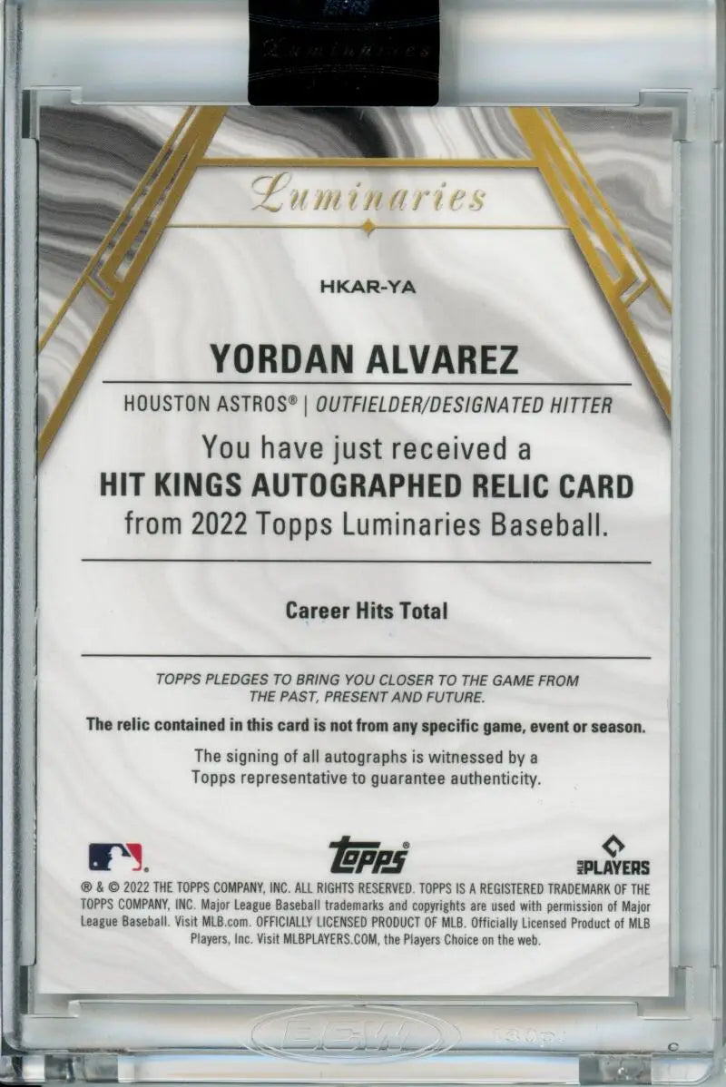 Hit Kings autographed relic card for Yordan Alvarez from 2022 Topps Luminaries Baseball