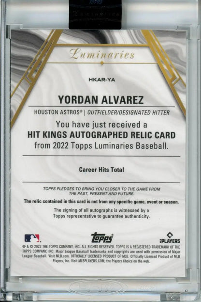 Hit Kings autographed relic card for Yordan Alvarez from 2022 Topps Luminaries Baseball