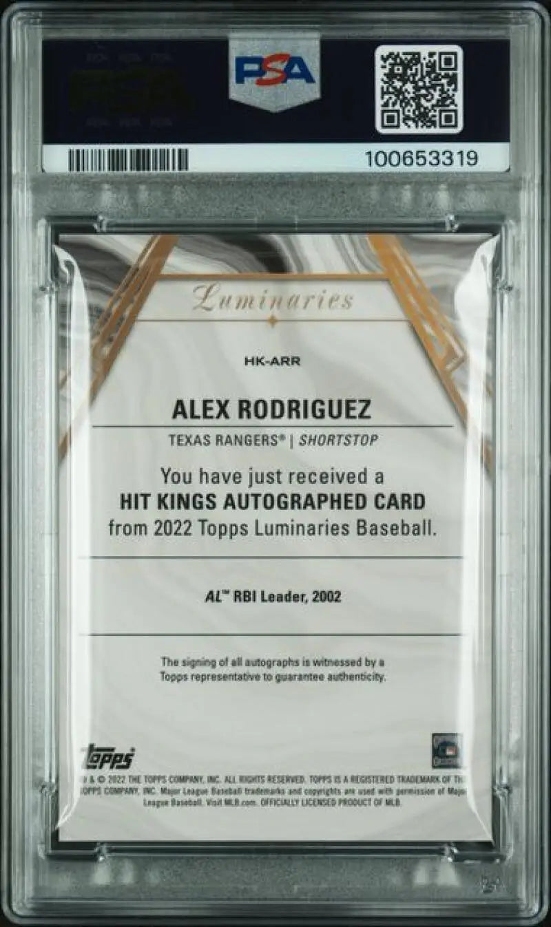 PSA-graded Topps Luminaries redemption notice for Alex Rodriguez Texas Rangers card