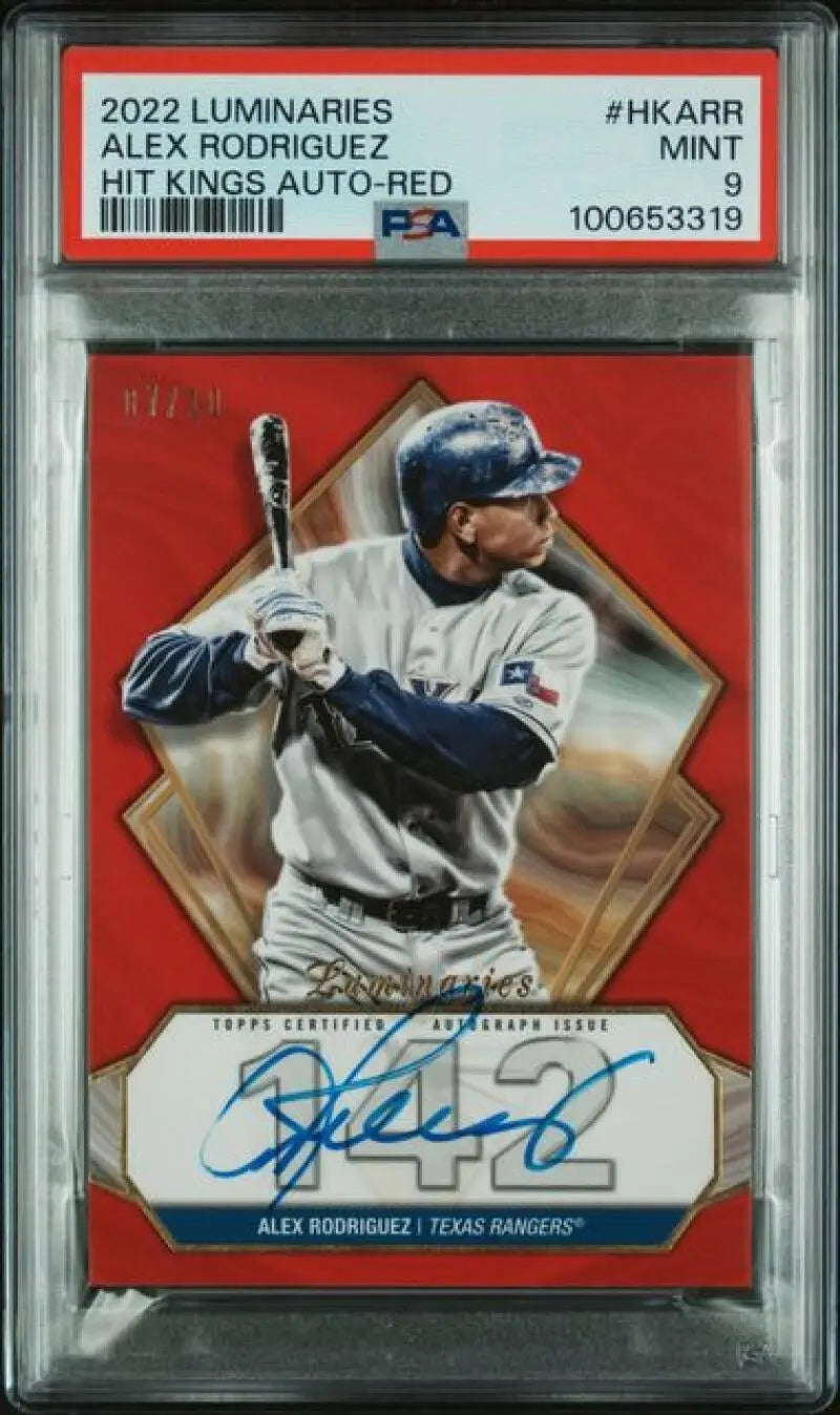 PSA-graded Alex Rodriguez Texas Rangers baseball card with red design and autograph