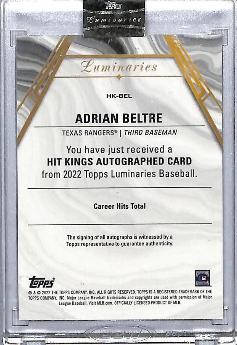 Adrian Beltre autographed baseball card from 2022 Topps Luminaries for Texas Rangers