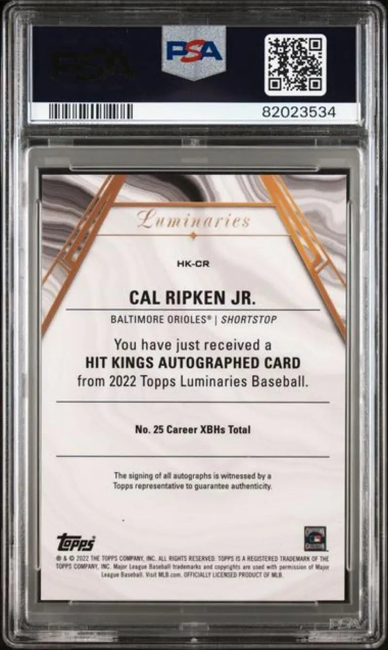 PSA-graded Cal Ripken Jr. autograph baseball card from 2022 Topps Luminaries set