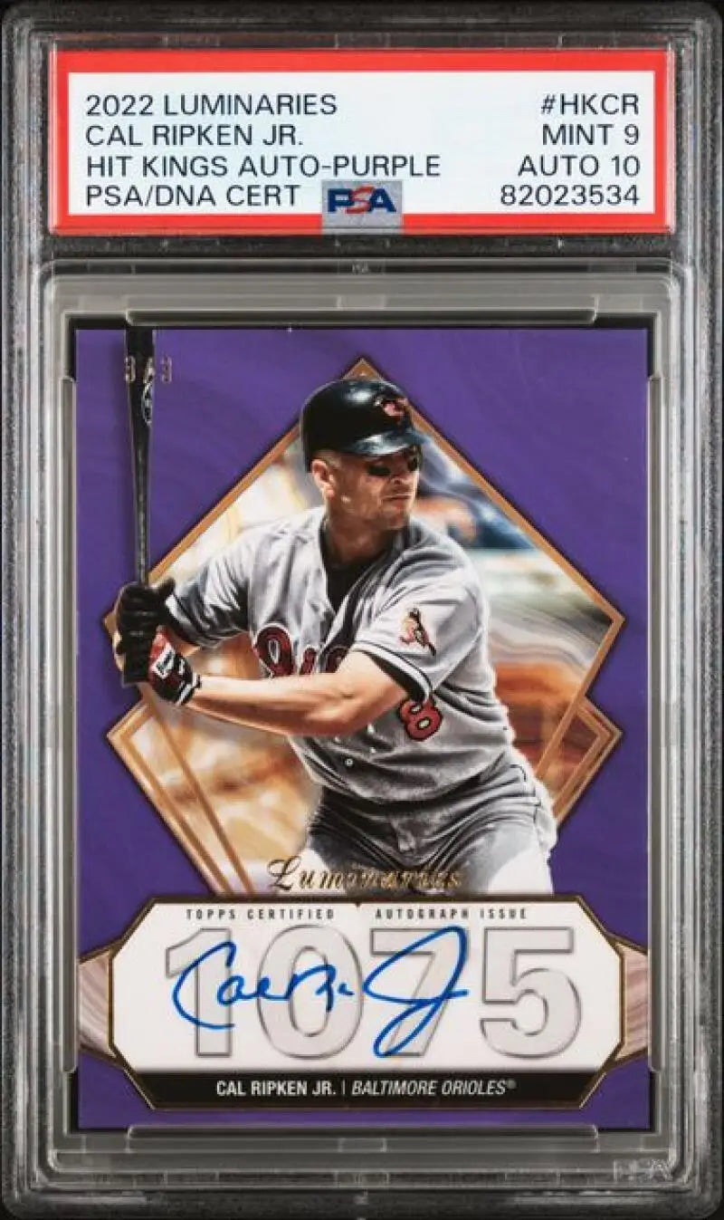 PSA-graded 2022 Topps Luminaries Cal Ripken Jr. autographed baseball card with purple border