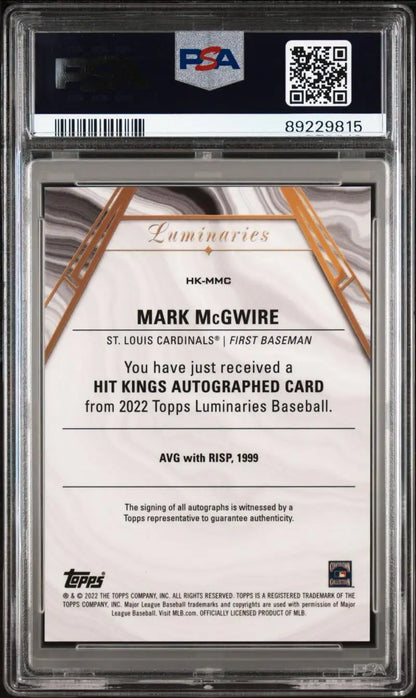 PSA-graded 2022 Topps Luminaries Mark McGwire baseball card with autograph for St. Louis Cardinals