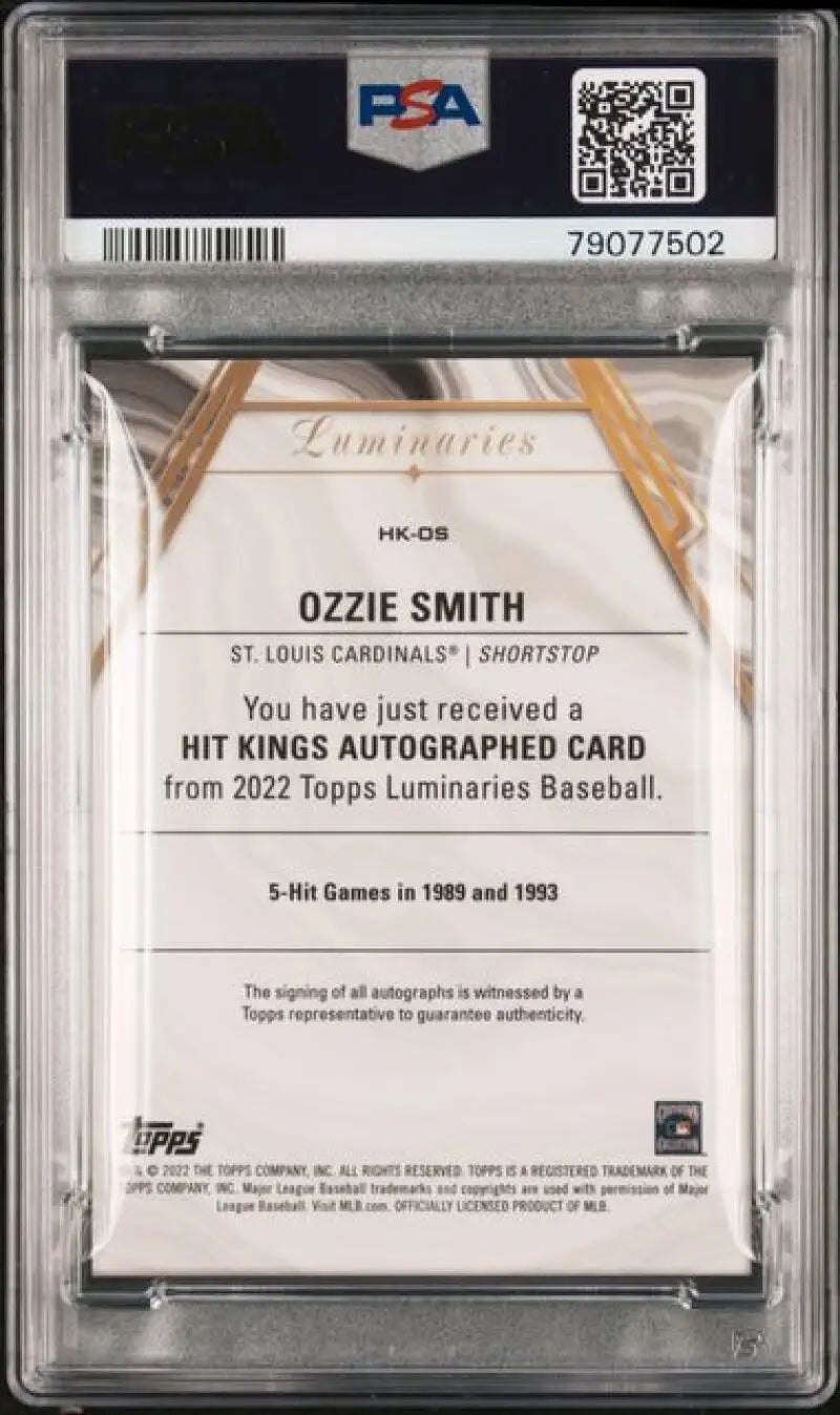 PSA 10 GEM MINT Ozzie Smith Autographed Baseball Card St. Louis Cardinals 2022 Topps Luminaries