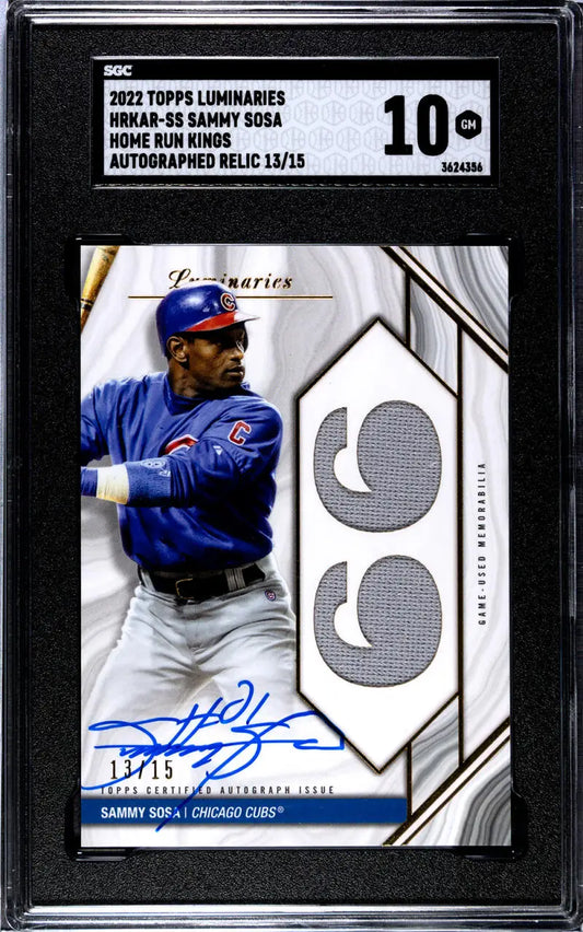 Graded 2022 Topps Luminaries Home Run Kings Sammy Sosa Chicago Cubs card with jersey swatches