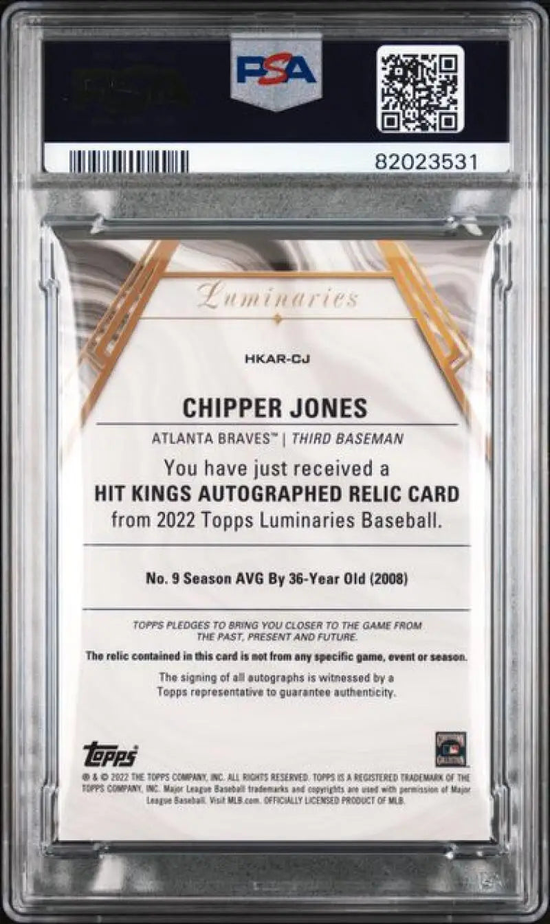 PSA-graded Chipper Jones autographed relic card back from 2022 Topps Luminaries HRARCJ