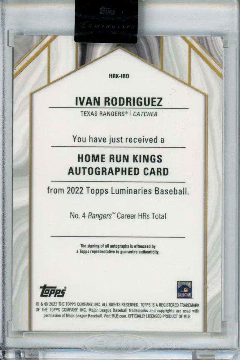 Back of a 2022 Topps Luminaries Ivan Rodriguez Texas Rangers baseball card