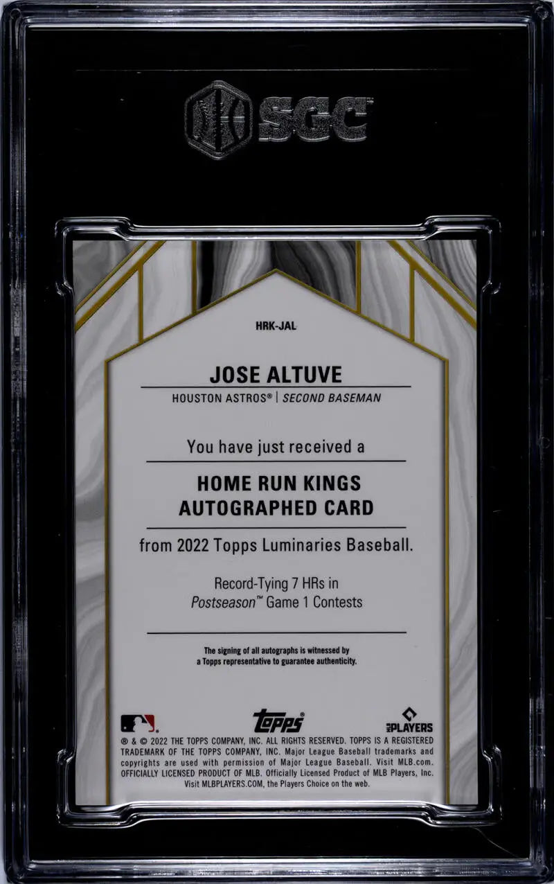 Back side of 2022 Topps Luminaries Jose Altuve SGC 9 Mint card in protective case