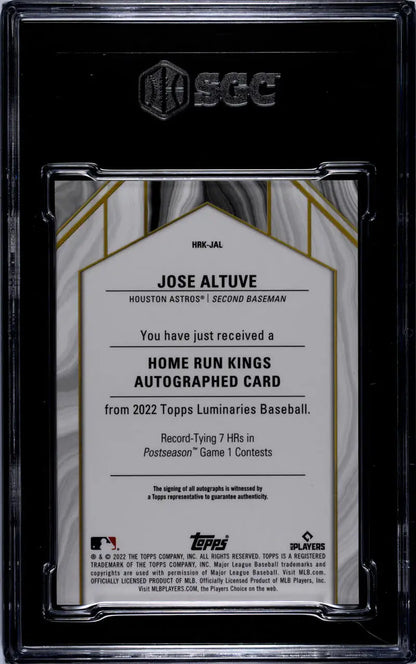 Back side of 2022 Topps Luminaries Jose Altuve SGC 9 Mint card in protective case