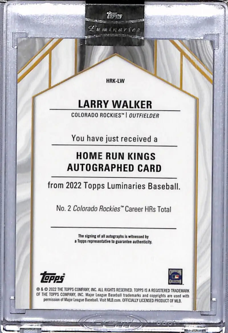 Back side of 2022 Topps Luminaries Larry Walker autograph card for Colorado Rockies baseball