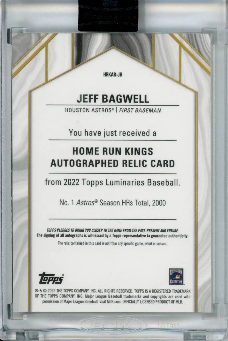 Baseball card authentication certificate for Jeff Bagwell Houston Astros autographed relic