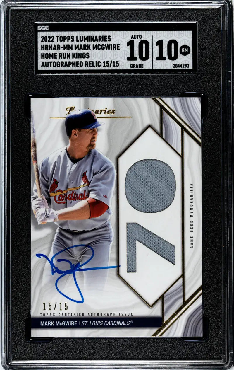 Graded Mark McGwire baseball card with autograph and uniform patch 15/15 for St. Louis Cardinals