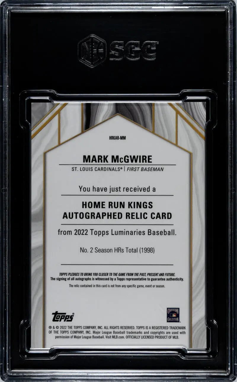 Back of 2022 Topps Luminaries Mark McGwire autographed relic card for St. Louis Cardinals baseball