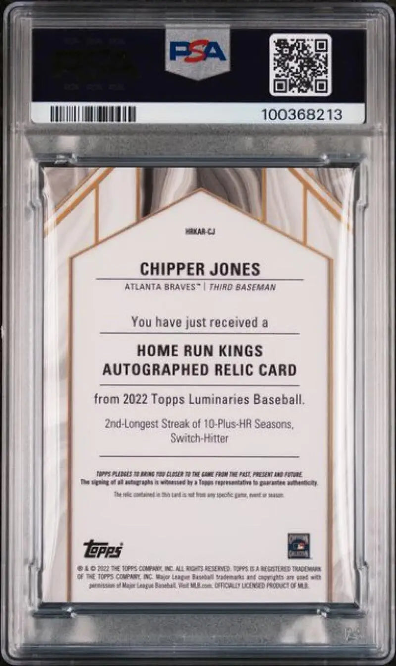 PSA-graded back view of 2022 Topps Luminaries Chipper Jones Atlanta Braves baseball card