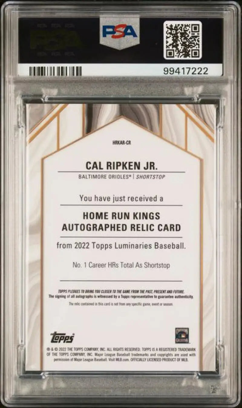 PSA-graded baseball card back of Cal Ripken Jr. Home Run Kings relic from 2022 Topps Luminaries