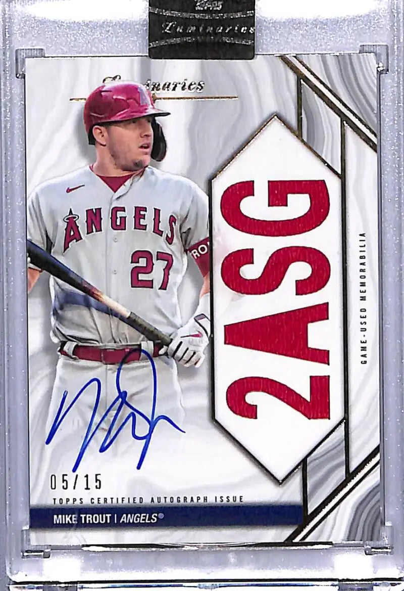 Mike Trout California Angels baseball card with autograph and jersey patch #27 5/15