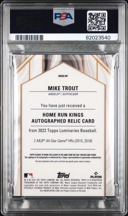 PSA-graded back of 2022 Topps Luminaries Mike Trout relic card Anaheim Angels