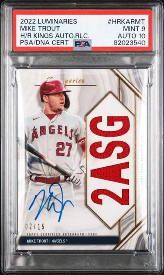 PSA-graded Mike Trout autographed baseball card from 2022 Topps Luminaries Anaheim Angels