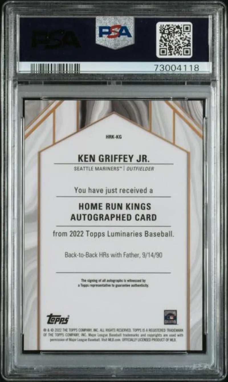 PSA-graded back of 2022 Topps Luminaries HRKKG Ken Griffey Jr Baseball Card with autograph