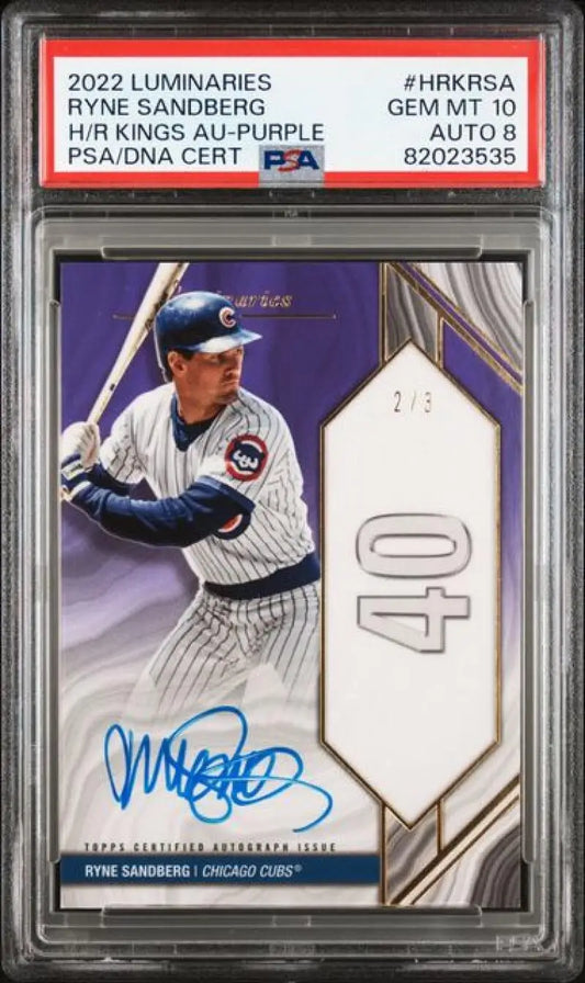 PSA-graded Ryne Sandberg Gem Mint auto baseball card for Chicago Cubs, number 40