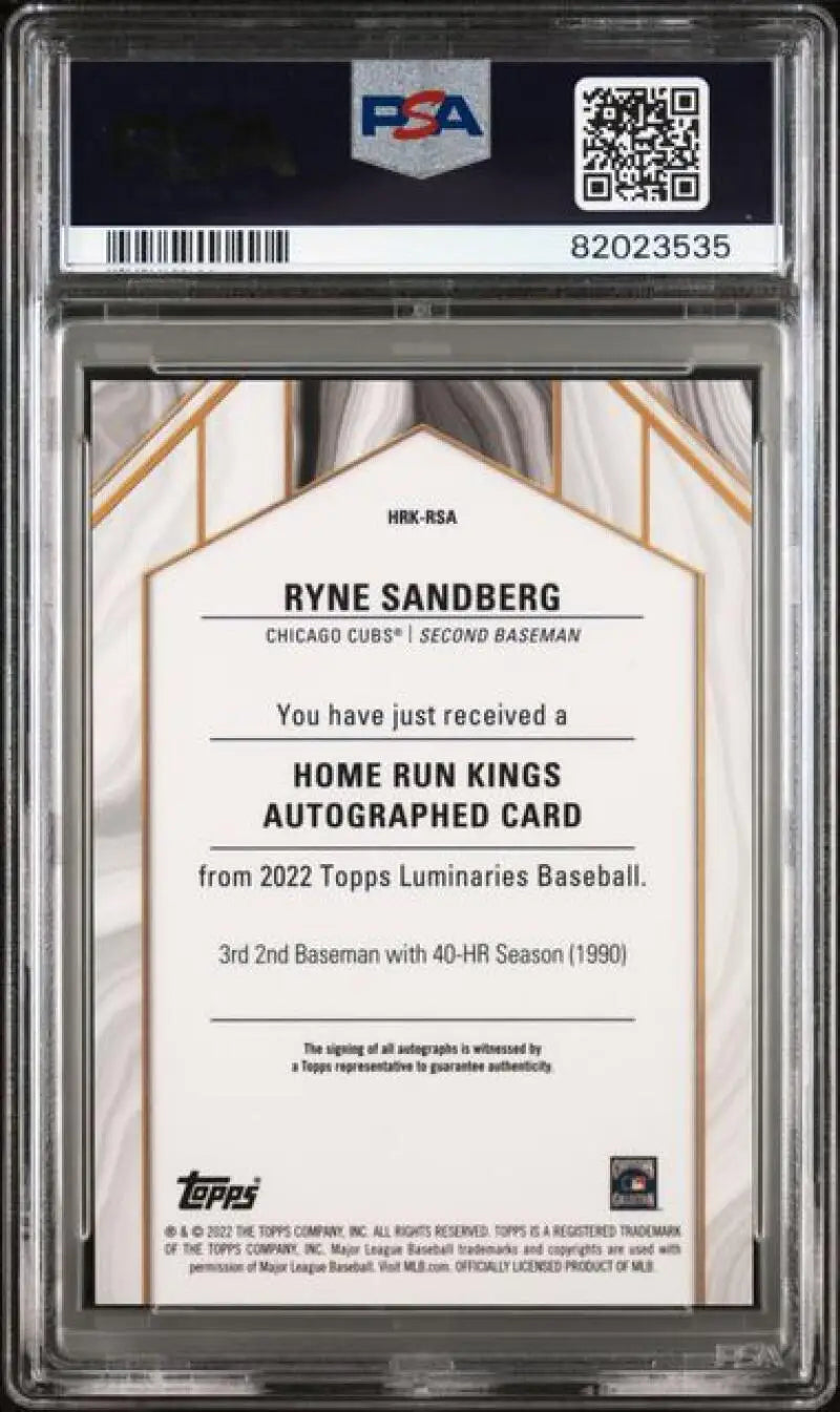 Back of PSA-graded Ryne Sandberg autographed Home Run Kings card with authentication text