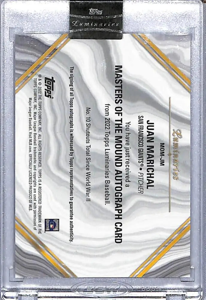 Back side of 2022 Topps Luminaries Juan Marichal baseball card with gold and silver design