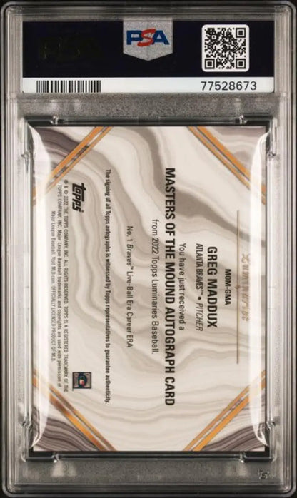 PSA graded card holder with 2022 Topps Luminaries Greg Maddux GEM MINT Auto, Atlanta Braves