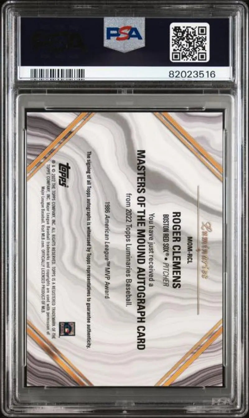 PSA-graded Roger Clemens Boston Red Sox card with QR code in protective case