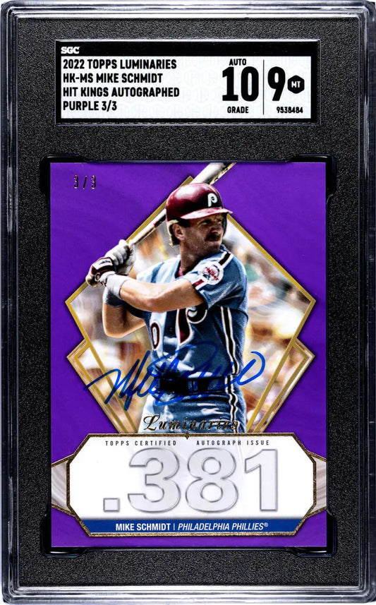 Purple-bordered Mike Schmidt baseball card in protective holder from Topps Luminaries Purple