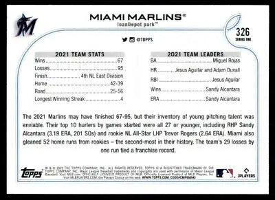 Baseball card back of 2022 Topps Miami Marlins #326 with text-align center design