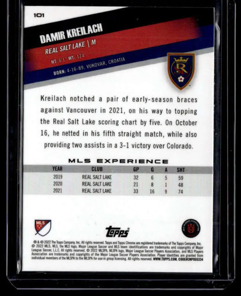 Trading card of Damir Kreilach featuring statistics and achievements for Real Salt Lake