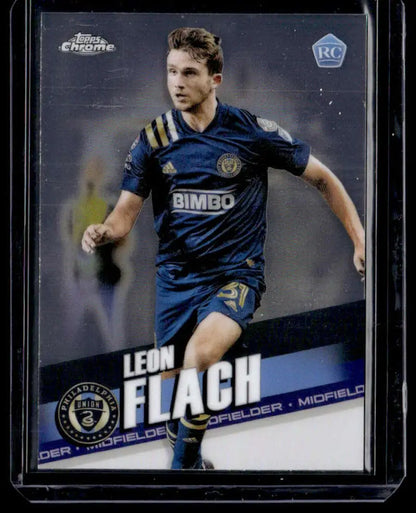 Soccer trading card of Leon Flach in Philadelphia Union’s navy blue Bimbo jersey