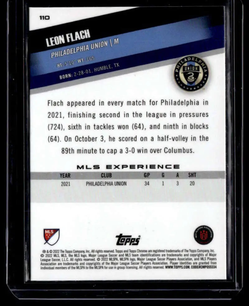 Philadelphia Union Leon Flach rookie card from 2022 Topps MLS Chrome with stats