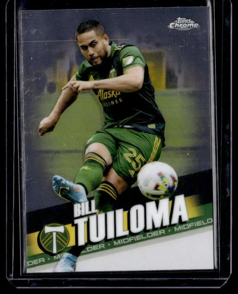 Trading card of Bill Tuiloma in green uniform kicking ball for Portland Timbers Topps MLS Chrome